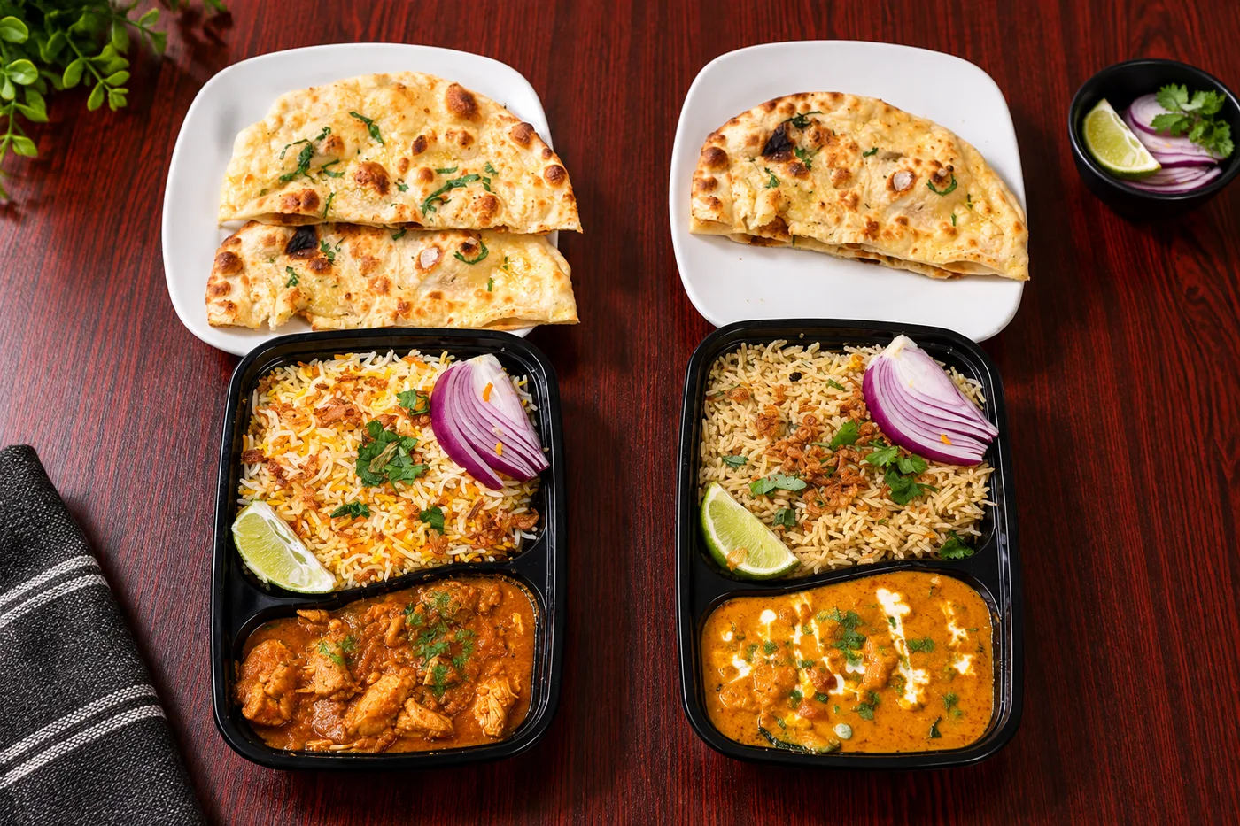 Sree Saffron's Spartans Lunch Box — veg and non-veg boxes, each with rice, curry and naan